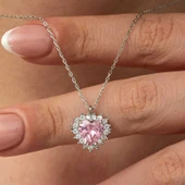Gümüş Pembe Taşlı Kalp Kadın Kolye - 2