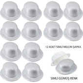 Gümüş Renk Simli Melon Yuvarlak Parti Şapkası 12 Adet - 1