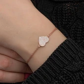 925 Ayar Gümüş Rose Kalp Kadın Bileklik - 5