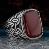 Oval Dikdörtgen Tasarımlı Kırmızı Akik Taşlı Gümüş Erkek Yüzük thumbnail 1