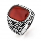 Oval Dikdörtgen Tasarımlı Kırmızı Akik Taşlı Gümüş Erkek Yüzük thumbnail 3