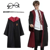 Harry Potter Gryffindor Kapişonlu Çocuk Kostüm + Asa + Gözlük Seti 11-12 Yaş (4401) - 1
