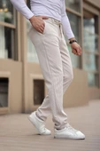 İnce Çizgili Kumaş Bej Jogger Pantolon - 2
