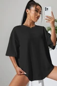 Kadın Siyah  Oversize Kesim Bisiklet Yaka Oversize Tişört - 2