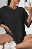 Kadın Siyah  Oversize Kesim Bisiklet Yaka Oversize Tişört - 1