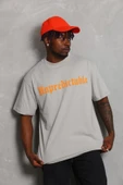 Unisex Oversize Baskılı Bisiklet Yaka T-Shirt - Gri - 4
