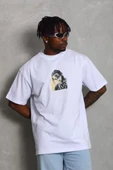 Unisex Oversize Baskılı Bisiklet Yaka T-Shirt - Beyaz - 1
