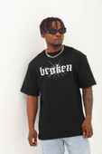 Unisex Oversize Baskılı Bisiklet Yaka T-Shirt - Siyah - 1