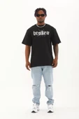 Unisex Oversize Baskılı Bisiklet Yaka T-Shirt - Siyah - 3