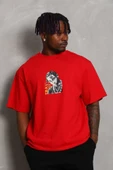 Unisex Oversize Baskılı Bisiklet Yaka T-Shirt - Kırmızı - 1