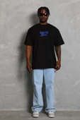 Unisex Oversize Baskılı Bisiklet Yaka T-Shirt - Siyah - 4