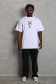 Unisex Oversize Baskılı Bisiklet Yaka T-Shirt - Beyaz - 3