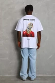 Unisex Oversize Baskılı Bisiklet Yaka T-Shirt - Beyaz - 4