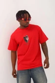 Unisex Oversize Baskılı Bisiklet Yaka T-Shirt - Kırmızı - 2