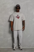 Unisex Oversize Baskılı Bisiklet Yaka T-Shirt - Gri - 4