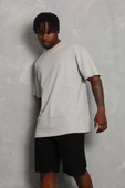 Unisex Oversize Düz Bisiklet Yaka T-Shirt - Gri - 3