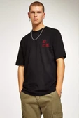 Unisex Bisiklet Yaka Oversize Baskılı T-Shirt - Siyah - 1