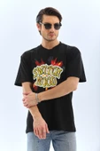 Unisex Oversize Baskılı Bisiklet Yaka T-Shirt - Siyah - 3