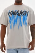 Unisex Baskılı Oversize T-Shirt - Gri - 1