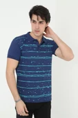 Erkek Yakalı Slim Fit Pike Çizgili T-Shirt - Mavi - 1