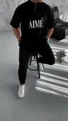 Unisex Yarım Fermuarlı Baskılı T-Shirt - Siyah - 3