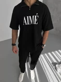 Unisex Yarım Fermuarlı Baskılı T-Shirt - Siyah - 1