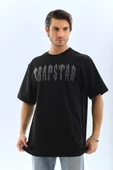 Unisex Oversize Taşlı Bisiklet Yaka T-Shirt - Siyah - 1