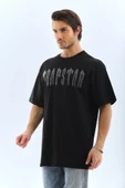 Unisex Oversize Taşlı Bisiklet Yaka T-Shirt - Siyah - 4