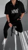 Unisex Yarım Fermuarlı Baskılı T-Shirt - Siyah - 2