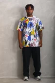 Unisex Oversize Baskılı Bisiklet Yaka T-Shirt - Beyaz - 1