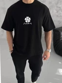 Unisex Bisiklet Yaka Baskılı Oversize T-Shirt - Siyah - 1