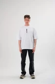Unisex Bisiklet Yaka Baskılı Oversize T-Shirt - Beyaz - 1