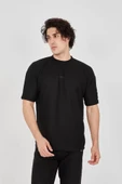Unisex Waffle Kumaş Rahat Kol T-Shirt - Siyah - 1