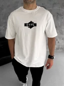 Unisex Bisiklet Yaka Baskılı Double Oversize T-Shirt - Beyaz - 1