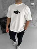 Unisex Bisiklet Yaka Baskılı Double Oversize T-Shirt - Beyaz - 2