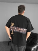 Ön Ve Arka Baskılı Oversize Bisiklet Yaka T-shirt - Siyah - 1