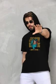 Unisex Kapşonlu Kolsuz Oversize Baskılı Tişört - Siyah - 1