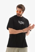 Unisex Bisiklet Yaka Baskılı Oversize T-Shirt - Siyah - 2