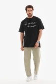 Unisex Bisiklet Yaka Baskılı Oversize T-Shirt - Siyah - 1