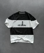 Unisex Bisiklet Yaka Baskılı Parçalı Oversize T-Shirt - Siyah - 1
