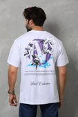 Unisex Bisiklet Yaka Baskılı Oversize T-Shirt - Beyaz - 2
