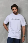 Unisex Bisiklet Yaka Baskılı Oversize T-Shirt - Beyaz - 1