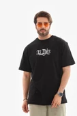 Unisex Bisiklet Yaka Baskılı Oversize T-Shirt - Siyah - 1