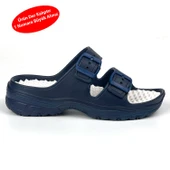 Unisex Lacivert Beyaz Çift Tokalı Kaymaz Taban Ayarlanabilir Hafif Günlük Plaj Terlik thumbnail 1