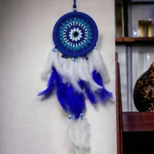 Nazar Boncuğu Desenli Bol Kuş Tüylü Lacivert Dream Catcher El Yapımı Duvar Dekoru - 2