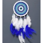 Nazar Boncuğu Desenli Bol Kuş Tüylü Beyaz Renk Dream Catcher El Yapımı Duvar Dekoru - 2