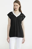 Triko Yaka Kombinli Penye Tişört - Siyah thumbnail 1