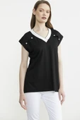 Triko Yaka Kombinli Penye Tişört - Siyah thumbnail 2