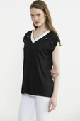Triko Yaka Kombinli Penye Tişört - Siyah thumbnail 4