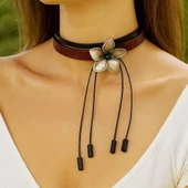 Çiçek Şekilli Bordo Renk Kadın Deri Choker Tasma Kolye Gümüş Kaplama Ayarlanabilir Choker - 1